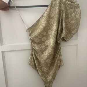 Free People Floral One-Shoulder Bodysuit in Tan